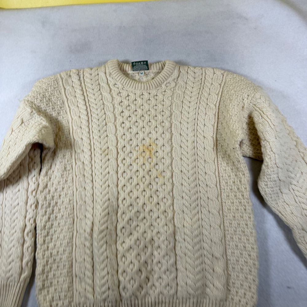 Carraig Donn Merino Wool Aran Fisherman Sweater‎ Cream Mens Medium Ireland